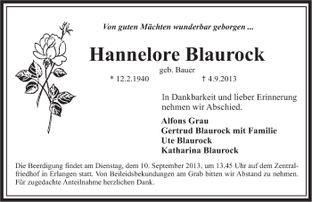 Traueranzeige von Hannelore Blaurock von Pegnitz-Zeitung